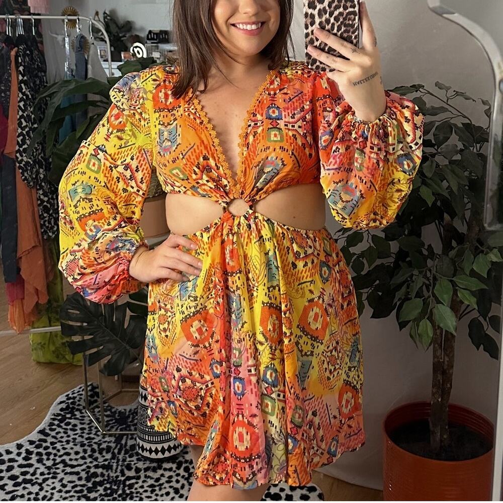 Plunge V-Neck  Long Sleeve Cut Out Mini Dress Yellow Orange